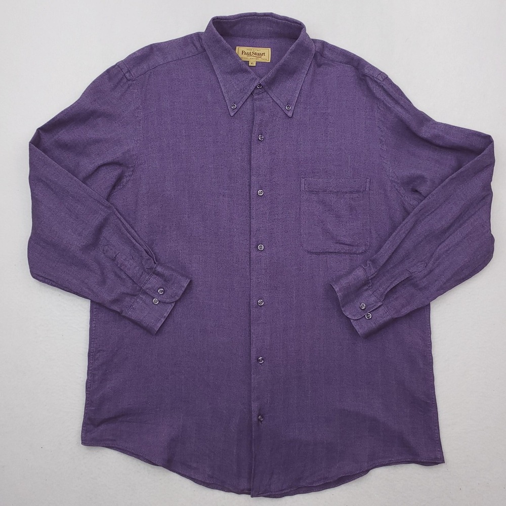 Paul Stuart Shirt Mens XL Purple Herringbone Twill Cotton Button Down Italy
